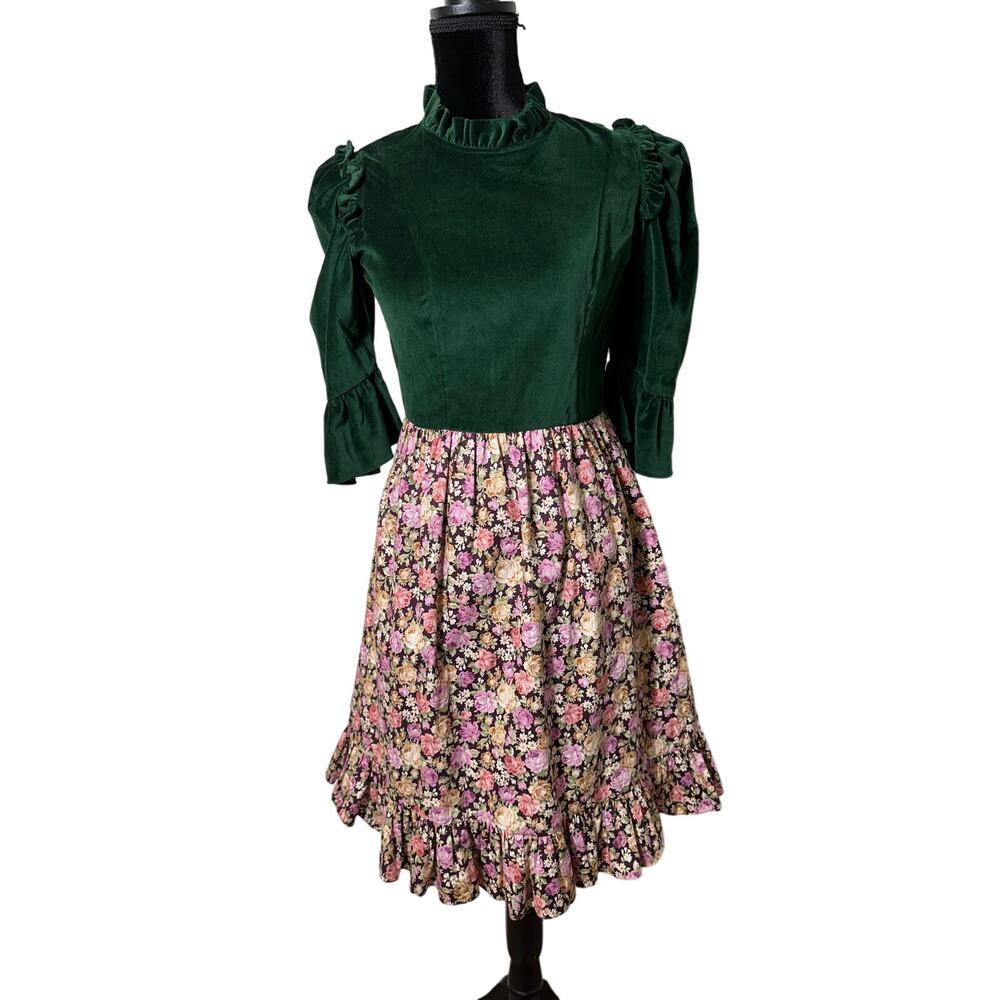 Batsheva Green Velvet Cotton Floral Skirt 3/4 Sleeve Dress Sz 4